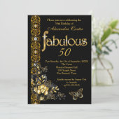 Invitation Fabuleux 50 Black floral Or papillon d'anniversair (Debout devant)