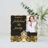 Invitation Fabuleux 50 Black Gold Faux Diamond Photo Party (Debout devant)