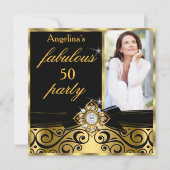 Invitation Fabuleux 50 Black Gold Faux Diamond Photo Party (Devant)