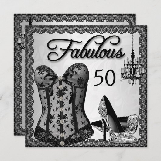 Invitation Fabuleux 50 Black Silver Corset High Heels Party (Devant / Derrière)