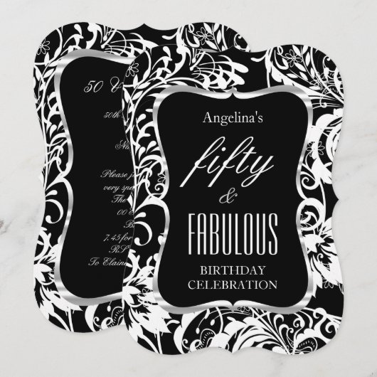 Invitation Fabuleux 50 Black White Floral Elegant Party (Devant / Derrière)