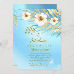 Invitation Fabuleux 50 Bleu Turquoise Or Blanc Floral Anniver