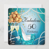 Invitation Fabuleux 50 Blue High Heels Gold Champagne Party (Devant)