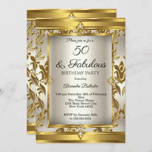 Invitation Fabuleux 50 Crème Or Damas fête d'anniversaire (Devant / Derrière)