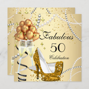 Invitation Fabuleux 50 Crème talons d'or Champagne Anniversai