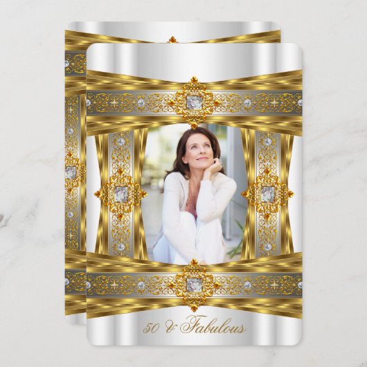 Invitation Fabuleux 50 Elegant Diamond Gem Or photo blanche (Devant / Derrière)