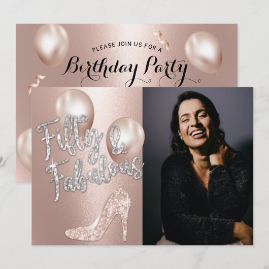 Invitation Fabuleux 50 Elégant Rose Gold Photo 50e Anniversai (Devant / Derrière)