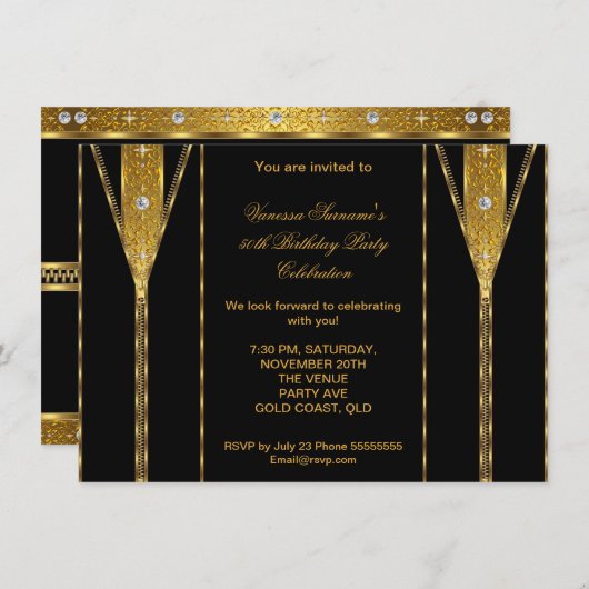 Invitation Fabuleux 50 Elégant Zipper Diamond Gem Or Noir (Devant / Derrière)