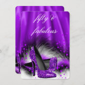 Invitation Fabuleux 50 étoiles violettes talons hauts Anniver (Devant / Derrière)