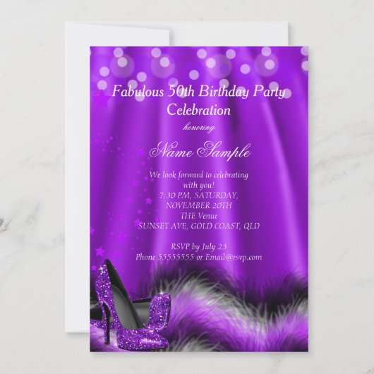 Invitation Fabuleux 50 étoiles violettes talons hauts Anniver (Dos)