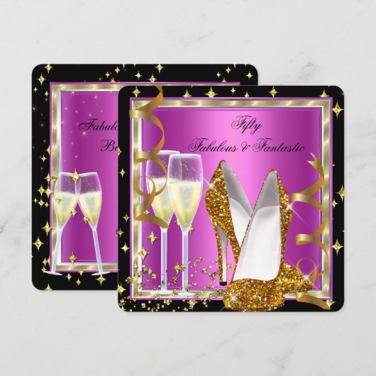 Invitation Fabuleux 50 Fantastic Pink Black White Gold Party (Devant / Derrière)