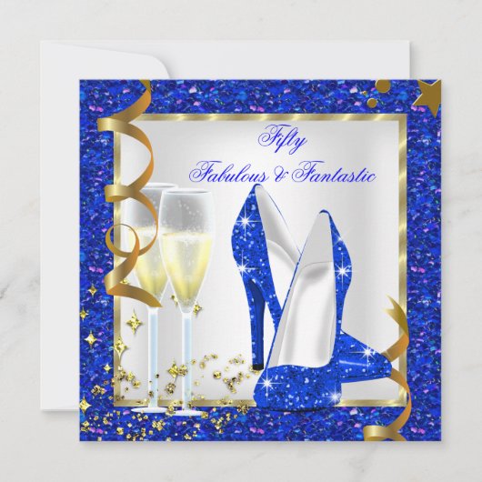 Invitation Fabuleux 50 Fantastique Bleu Blanc Or Anniversaire (Devant)