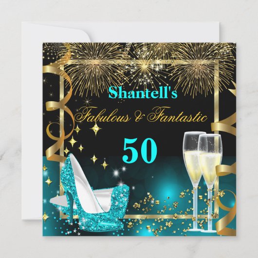 Invitation Fabuleux 50 Fantastique Festive Turquoise Gold Par (Devant)