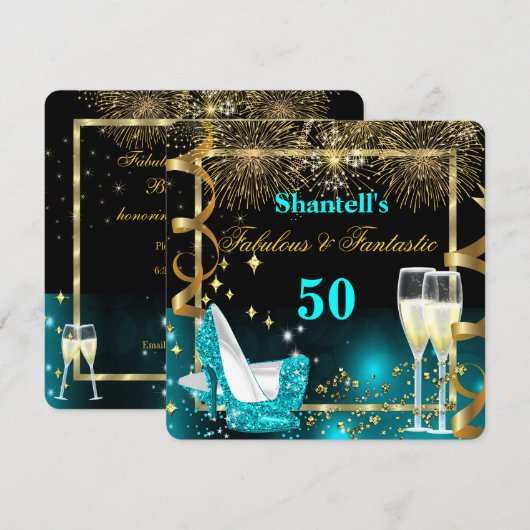 Invitation Fabuleux 50 Fantastique Festive Turquoise Gold Par (Devant / Derrière)
