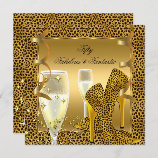 Invitation Fabuleux 50 & Fantastique Leopard Black Gold Party (Devant / Derrière)