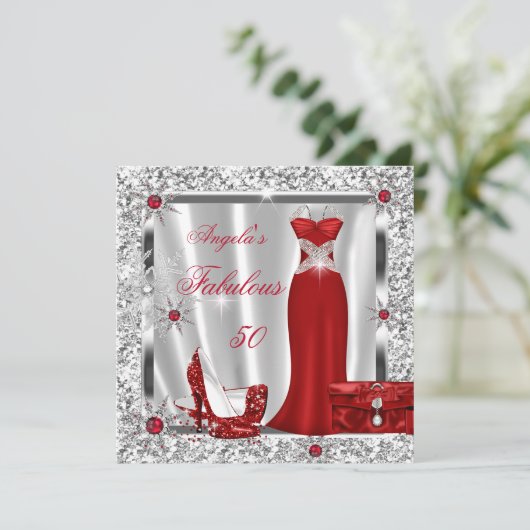 Invitation Fabuleux 50 fêtes Red Silver Snowflakes (Debout devant)