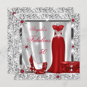Invitation Fabuleux 50 fêtes Red Silver Snowflakes