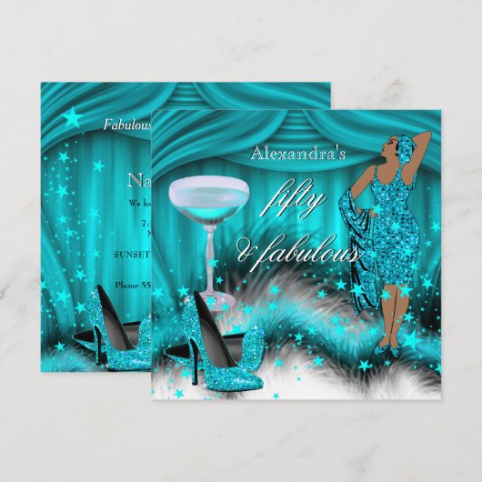 Invitation Fabuleux 50 Glamour Turquoise Bleu Haut talon Anni (Devant / Derrière)
