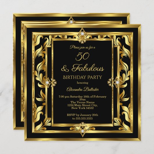 Invitation Fabuleux 50 Gold Black Damask fête d'anniversaire (Devant / Derrière)