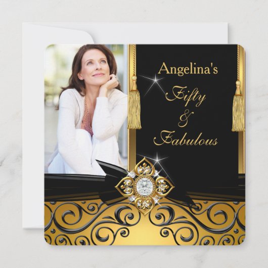Invitation Fabuleux 50 Gold Black Damask Photo fête d'anniver (Devant)