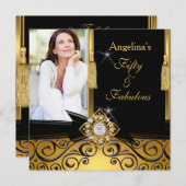 Invitation Fabuleux 50 Gold Black Damask Photo fête d'anniver (Devant / Derrière)