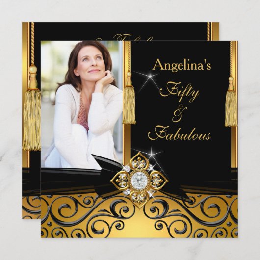 Invitation Fabuleux 50 Gold Black Damask Photo fête d'anniver (Devant / Derrière)