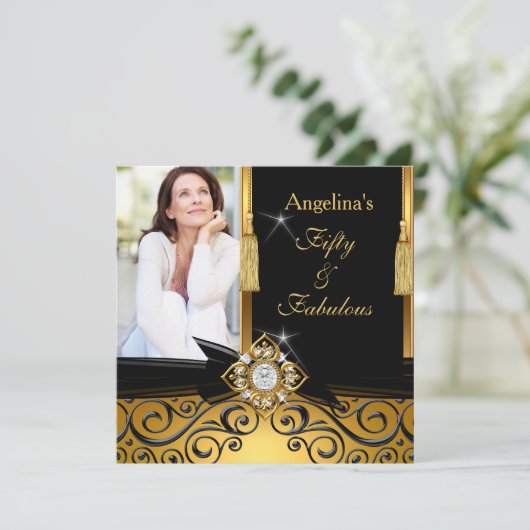 Invitation Fabuleux 50 Gold Black Damask Photo fête d'anniver (Debout devant)