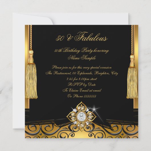 Invitation Fabuleux 50 Gold Black Damask Photo fête d'anniver (Dos)