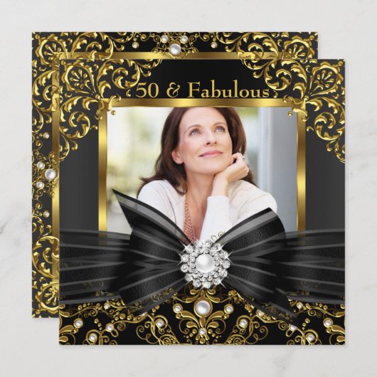 Invitation Fabuleux 50 Gold Black Pearl Bow & Damask Annivers (Devant / Derrière)