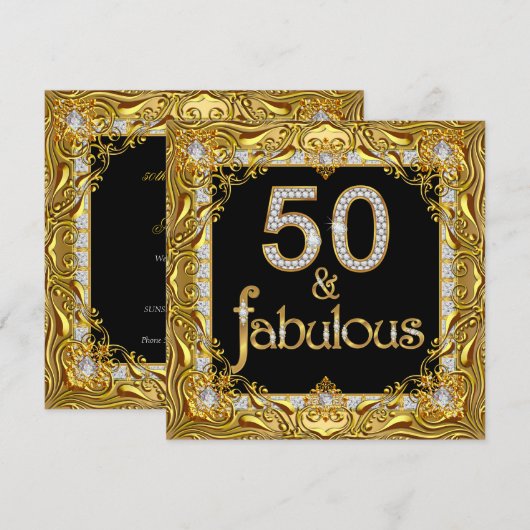 Invitation Fabuleux 50 Gold Diamond sur Black Birthday Party (Devant / Derrière)