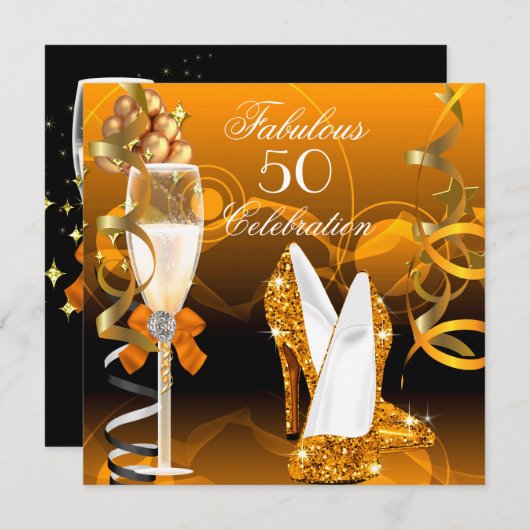 Invitation Fabuleux 50 Gold Orange fête d'anniversaire (Devant / Derrière)