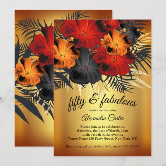 Invitation Fabuleux 50 Gold Red Orange Black Hibiscus fête (Devant / Derrière)