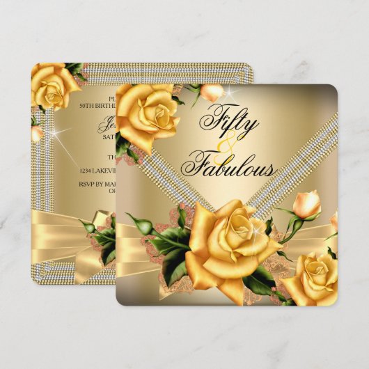 Invitation Fabuleux 50 Gold Rose Floral fête d'anniversaire (Devant / Derrière)