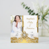Invitation Fabuleux 50 Gold White Damask Photo fête d'anniver (Debout devant)