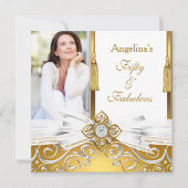 Invitation Fabuleux 50 Gold White Damask Photo fête d'anniver (Devant)