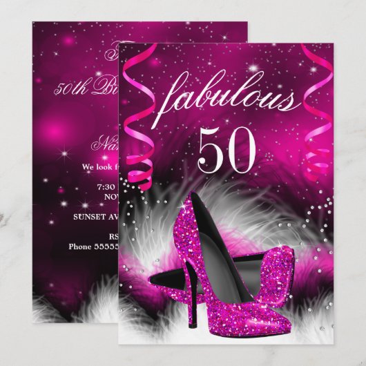Invitation Fabuleux 50 Hot Rose High Heel fête d'anniversaire (Devant / Derrière)
