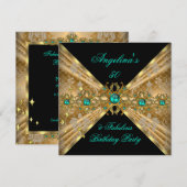 Invitation Fabuleux 50 Jade Green Gold Damask fête d'annivers (Devant / Derrière)