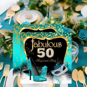 Invitation Fabuleux 50 Masquerade Party Gold Turquoise