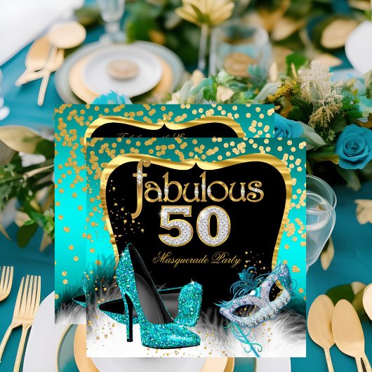Invitation Fabuleux 50 Masquerade Party Gold Turquoise