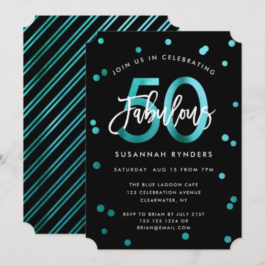 Invitation Fabuleux 50 | Moderne Elegant Girl Turquoise Anniv (Devant / Derrière)