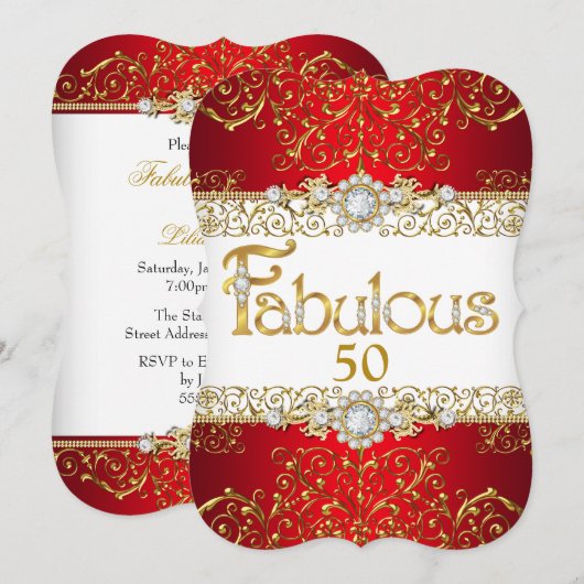 Invitation Fabuleux 50 Or Diamond Rouge glamour Anniversaire (Devant / Derrière)