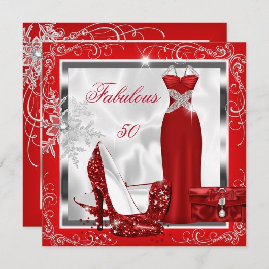 Invitation Fabuleux 50 Party Rouge Robe Argent talons S7 (Devant / Derrière)