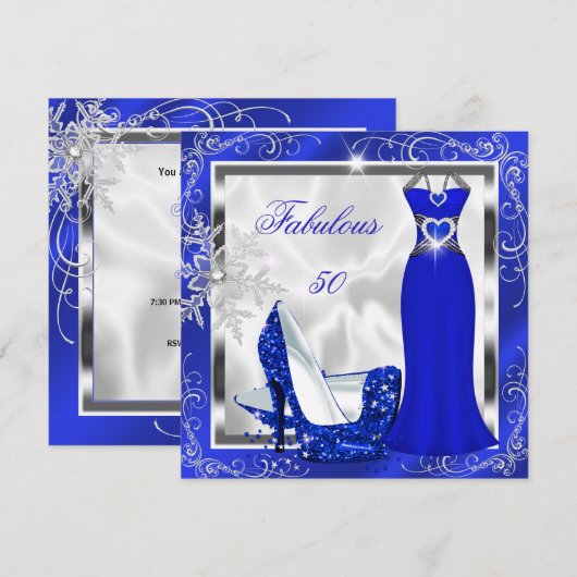 Invitation Fabuleux 50 Party Royal Bleu Robe Argent talons S9 (Devant / Derrière)