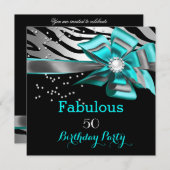 Invitation Fabuleux 50 Party Turquoise Zebra Black Silver Pea (Devant / Derrière)