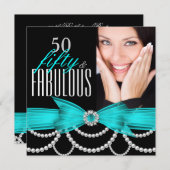 Invitation Fabuleux 50 perles bleues Turquoises Photo Anniver (Devant / Derrière)