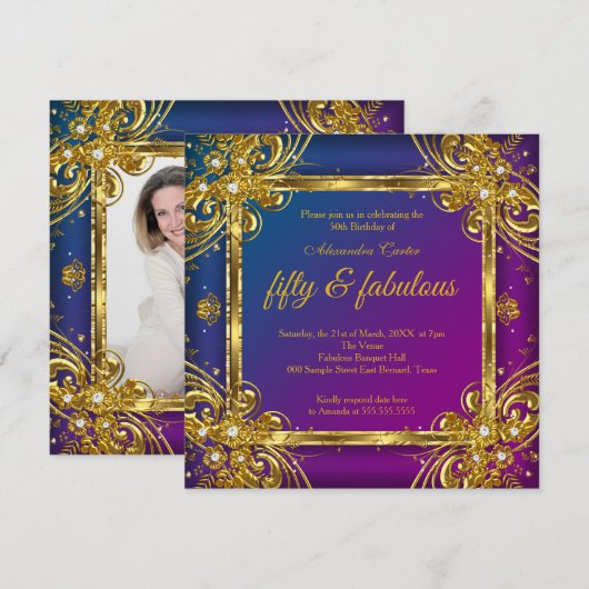 Invitation Fabuleux 50 Photo Gold Mulberry Blue Party (Devant / Derrière)