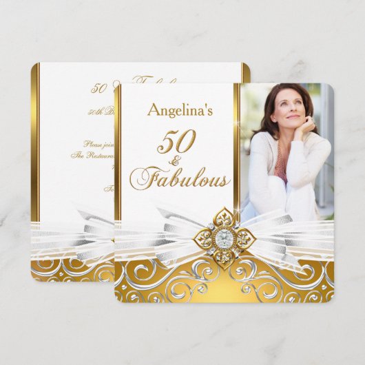 Invitation Fabuleux 50 Photo White Gold Damask Anniversaire P (Devant / Derrière)