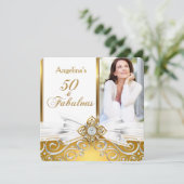 Invitation Fabuleux 50 Photo White Gold Damask Anniversaire P (Debout devant)