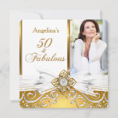 Invitation Fabuleux 50 Photo White Gold Damask Anniversaire P (Devant)