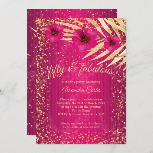 Invitation Fabuleux 50 Pink Gold Sparkle Floral Anniversaire (Devant / Derrière)